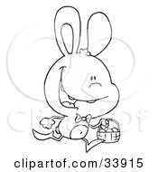 Poster, Art Print Of Black And White Outline Of A Happy Bunny Rabbit Running With Easter Eggs In A Basket