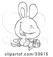 Clipart Illustration Of A Black And White Outline Of A Happy Bunny Rabbit Running With Easter Eggs In A Basket