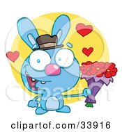 Poster, Art Print Of Romantic Blue Rabbit With Hearts Smiling And Holding Out Flowers For His Date Over A Yellow Circle On A White Background