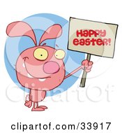 Pink Bunny Rabbit Holding Up A Happy Easter Greeting Sign Over A Blue Circle On A White Background