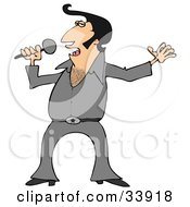 Clipart Illustration Of An Elvis Impersonator In A Gray Costume Dancing And Singing With A Microphone