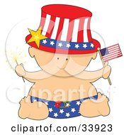 Baby In A Patriotic American Hat And Diaper Holding A Sparkler And Flag On Independence Day