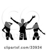 Clipart Illustration Of A Man Dancing With Two Sexy Ladies In A Club Silhouetted In Black On A White Background