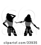 Poster, Art Print Of Two Sexy Ladies Silhouetted In Black Dancing Together In A Club On A White Background