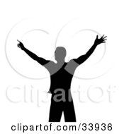 Poster, Art Print Of Silhouetted Muscular Man In Black Holding His Arms Out On A White Background