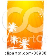 Poster, Art Print Of Three Silhouetted White Palm Trees And Grunge Below Rays Of Orange Sunshine