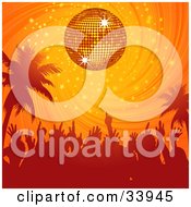 Dancing Crowd And Palm Trees Silhouetted Under An Orange Disco Ball In A Swirling Sunset Sky