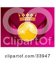 Poster, Art Print Of Yellow Disco Ball With A Crown And Pink Wings Over A Pink Grunge Dotted And Splattered Background
