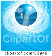 Clipart Illustration Of A Shiny Blue Disco Ball Suspended Over A Swirling Blue Background With White Sparkles