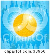 Clipart Illustration Of A Shiny Yellow Disco Ball On A Blue Bursting Background With Grunge Splatters And Equalizer Bars