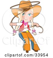 Cute Cowgirl In Chaps And A Hat Swirling A Lasso Her Blond Hair In Braids