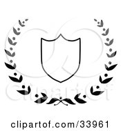 Clipart Illustration Of A White Shield Outlined In Black Surrounded By A Leafy Laurel