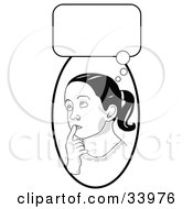 Poster, Art Print Of Smart School Girl In Thought Touching Her Lips And Looking Up With A Thought Bubble