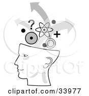 Clipart Illustration Of A Human Head In Profile Brainstorming With Arrows Circles Questions And Atoms by C Charley-Franzwa