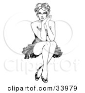 Poster, Art Print Of Sexy 1940S Inspired Pinup Girl With Curly Hair Seated With Her Ankles Crossed Resting Her Face Against Her Hands