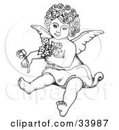 Poster, Art Print Of Sweet Curly Haired Cherub Sitting On The Ground Holding Flowers In One Arm And A Rose Out In One Hand
