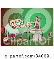 Clipart Illustration Of An Obsessed Computer Gamer With Spinning Eyeballs Using A Computer