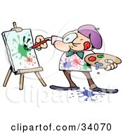 Poster, Art Print Of Focused Male Artist Squinting While Painting Colorful Splatters On A Canvas