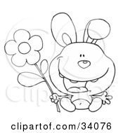 Poster, Art Print Of Black And White Outline Of A Happy Bunny Rabbit Sitting With A Daisy Flower