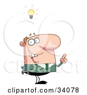 Poster, Art Print Of Smart Guy In Green Gesturing With His Hand While Thinking Of A Genius Idea A Light Bulb Above His Head