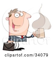 Pleased Caucasian Businessman Walking With A Briefcase And A Hot Cup Of Coffee