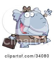 Poster, Art Print Of Friendly Business Elephant Waving And Walking To Work With A Briefcase