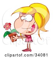 Poster, Art Print Of Excited Blond Caucasian Girl Holding A Flower Growing In A Pot