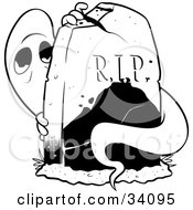 Clipart Illustration Of A Spooked Ghost Peeking From Behind A Tombstone In A Cemetery