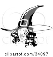 Clipart Illustration Of A Pretty Young Witch With Black Wavy Hair Wearing A Pointy Hat And Flashing A Flirty Expression At The Viewer by Lawrence Christmas Illustration #COLLC34097-0086