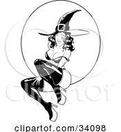 Poster, Art Print Of Sexy Flirty Young Witch In Tall Boots And A Pointy Hat Her Bra Strap Over Her Shoulder Sitting In Front Of A Full Moon