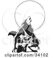 Clipart Illustration Of A Howling Wolfman In Torn Clothes Kneeling In Front Of A Full Moon by Lawrence Christmas Illustration #COLLC34102-0086