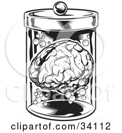 Clipart Illustration Of A Human Brain And Bubbles Floating In A Specimen Jar In A Research Laboratory