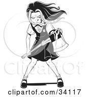 Clipart Illustration Of An Evil Young School Girl With Her Hair Waving In The Wind Holding An Axe And Prepared To Kill