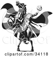 Clipart Illustration Of The Headless Horseman On A Rearing Horse Holding Up A Jack O Lantern As His Cape Blows In The Wind by Lawrence Christmas Illustration #COLLC34118-0086
