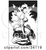 Clipart Illustration Of A Sexy Muscular Female She Devil Seated On A Rock In Hello On A Flaming Black And White Background