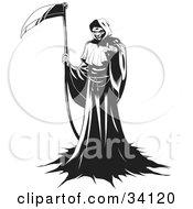 Clipart Illustration Of The Grim Reaper Standing In A Robe Holding A Scythe And Beckoning For The Viewer To Come Forward by Lawrence Christmas Illustration #COLLC34120-0086