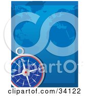Clipart Illustration Of A Compass In The Lower Corner Of A Blue Atlas