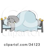 Poster, Art Print Of Tired Elephant Snoozing Soundly Under A Blanket On A Bed His Head On A Pillow