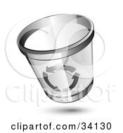 Poster, Art Print Of Transparent Chrome Rimmed Trash Can With Gray Recycle Arrows On The Side