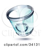 Poster, Art Print Of Blue Transparent Chrome Rimmed Trash Can With Recycle Arrows On The Side