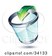 Clipart Illustration Of A Green Recycle Arrow Pointing Into A Transparent Chrome Rimmed Trash Can by beboy