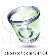Poster, Art Print Of Green Transparent Chrome Rimmed Trash Can With Recycle Arrows On The Side