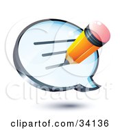 Clipart Illustration Of A Yellow Pencil Writing A Message On A Shiny Blue Thought Balloon Or Instant Messenger Window