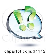 Poster, Art Print Of Green Exclamation Point And Question Mark On A Shiny Blue Thought Balloon Or Instant Messenger Window