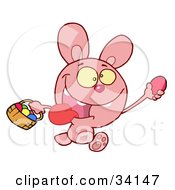 Clipart Illustration Of A Hyper Pink Bunny Rabbit With Its Tongue Hanging Out Running And Holding Up An Egg And Carrying A Basket During An Easter Egg Hunt