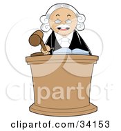 Clipart Illustration Of A Stern Male Judge In A White Wig Standing Behind A Podium And Banging His Gavel During Court by YUHAIZAN YUNUS #COLLC34153-0081