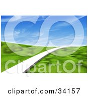 Clipart Illustration Of A Single White Path Leading Forward Across A Grassy Green 3d Landscape Under A Blue Sky With Wispy Clouds by Frog974