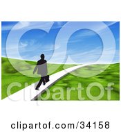 Poster, Art Print Of Black Silhouetted Businessman Carrying A Briefcase And Walking On A Single Path Through A 3d Grassy Landscape Under A Blue Sky
