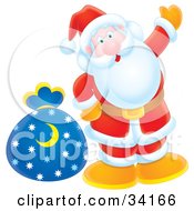 Poster, Art Print Of Santa Giving A Friendly Wave And Standing With A Toy Sack