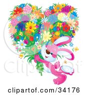 Poster, Art Print Of Adorable Pink Bunny Rabbit Carrying A Large Heart Shaped Floral Bouquet